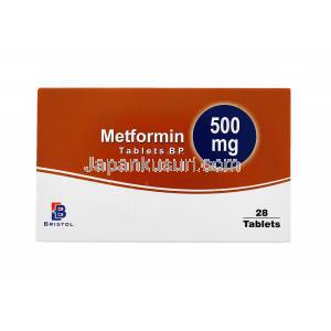 グルコファージジェネリック,　メトホルミン　錠　500mg　28錠,　箱表面，製造元：Birstol